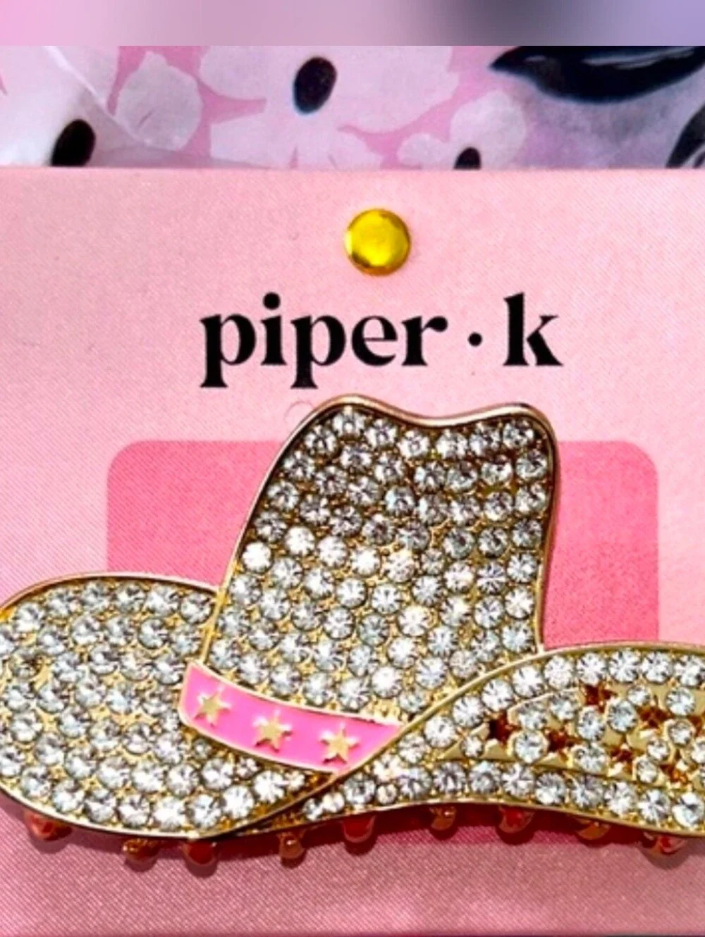 piper•k Crystal Cowboy Rhinestone Hat Hair Claw Clip - Pink & Gold
